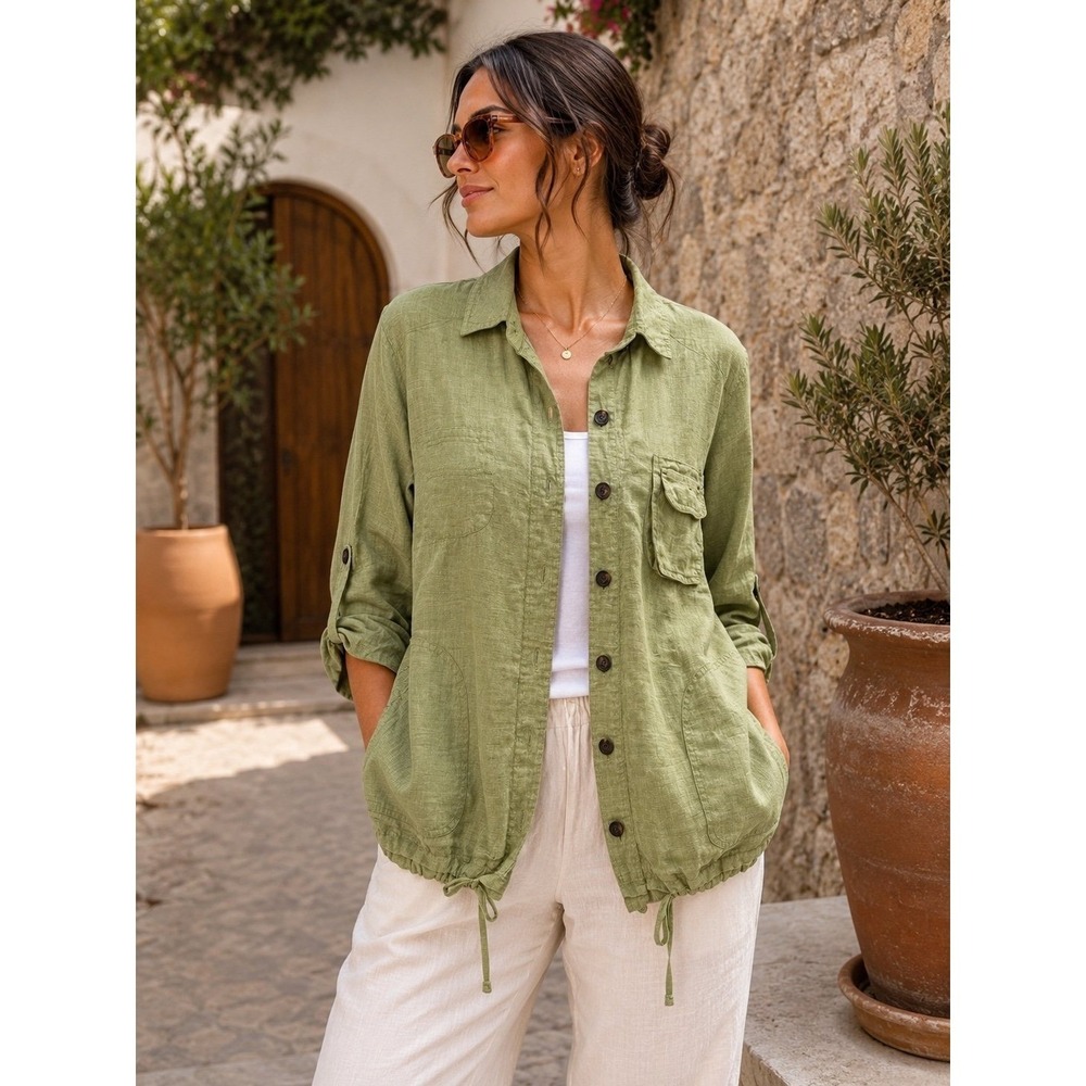 Coldwater Creek 100% Linen Utility Jacket Olive Green L Drawstring